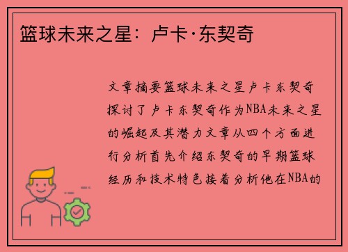 篮球未来之星：卢卡·东契奇