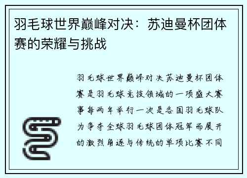 羽毛球世界巅峰对决：苏迪曼杯团体赛的荣耀与挑战
