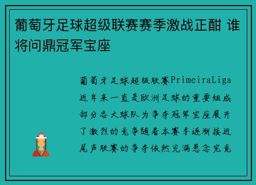葡萄牙足球超级联赛赛季激战正酣 谁将问鼎冠军宝座